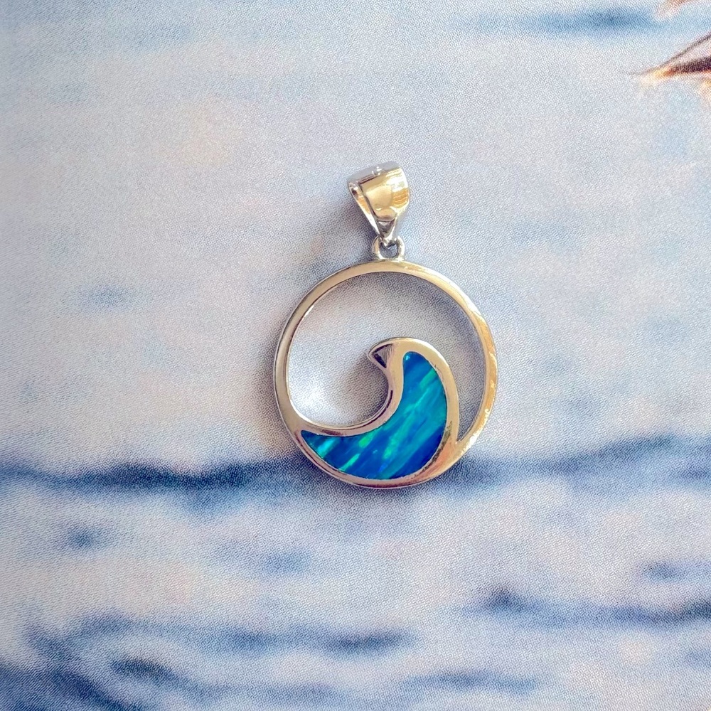 Big SALE- 925 Blue Opal inlaid 🌊 Wave in Sterling Silver charm.Size 15MM